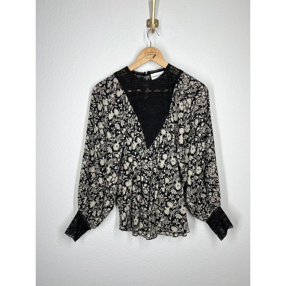 Antik Batik Black Floral Print Amel Cotton Gauze Top With Lace XS/ 36